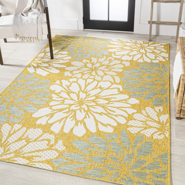 HomeRoots 8' X 10' Yellow & Cream Floral Area Rug – Indoor/Outdoor, Weather-Resistant, Easy-Clean, Durable Design 703103