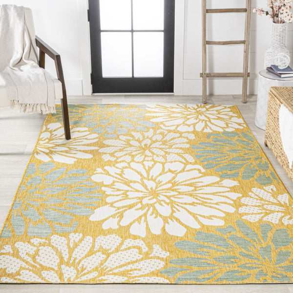 HomeRoots 8' X 10' Yellow & Cream Floral Area Rug – Indoor/Outdoor, Weather-Resistant, Easy-Clean, Durable Design 703103