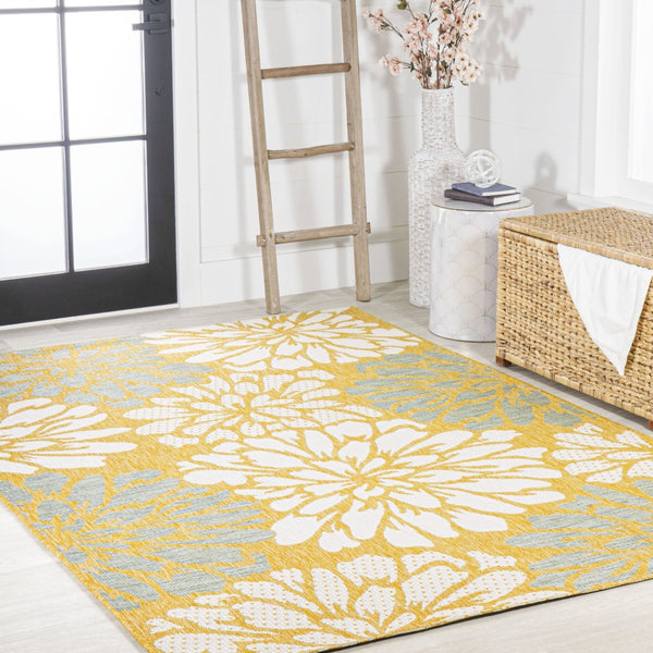 HomeRoots 8' X 10' Yellow & Cream Floral Area Rug – Indoor/Outdoor, Weather-Resistant, Easy-Clean, Durable Design 703103