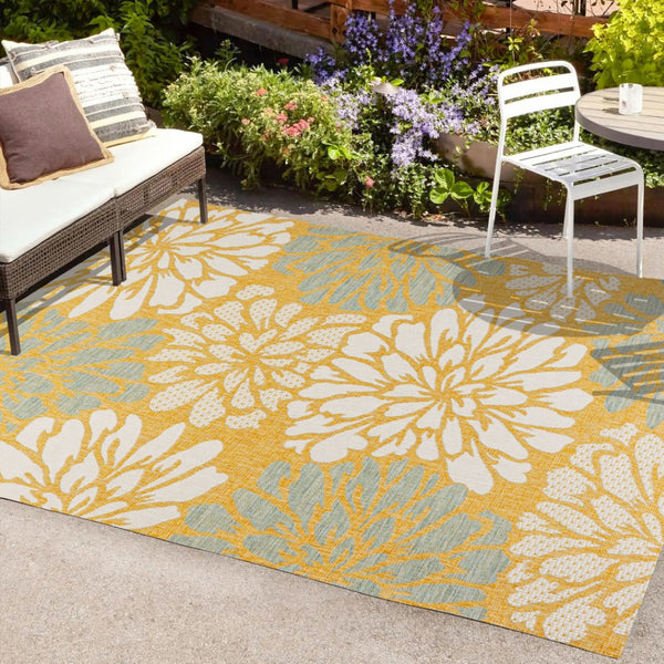 HomeRoots 8' X 10' Yellow & Cream Floral Area Rug – Indoor/Outdoor, Weather-Resistant, Easy-Clean, Durable Design 703103