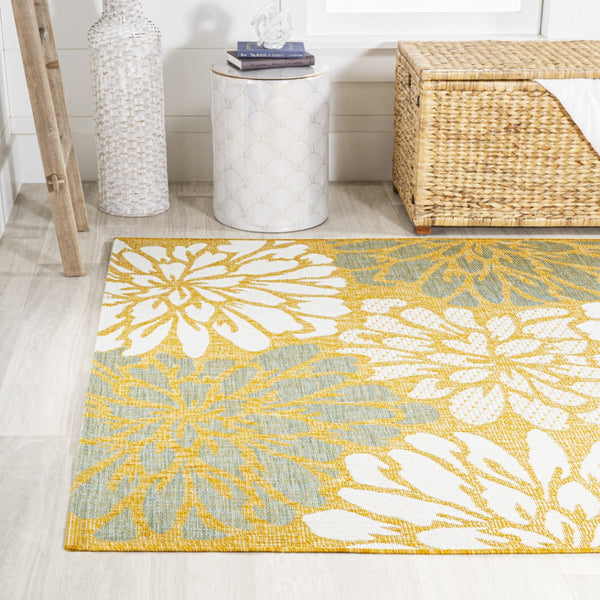 HomeRoots 9' Yellow and Cream Floral Area Rug – Durable Indoor Outdoor Elegance for Living Spaces and Patios 703104