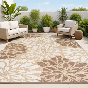 HomeRoots 5' Brown and Cream Floral Indoor/Outdoor Area Rug - Durable, Easy Care, Perfect for Any Space! 703107