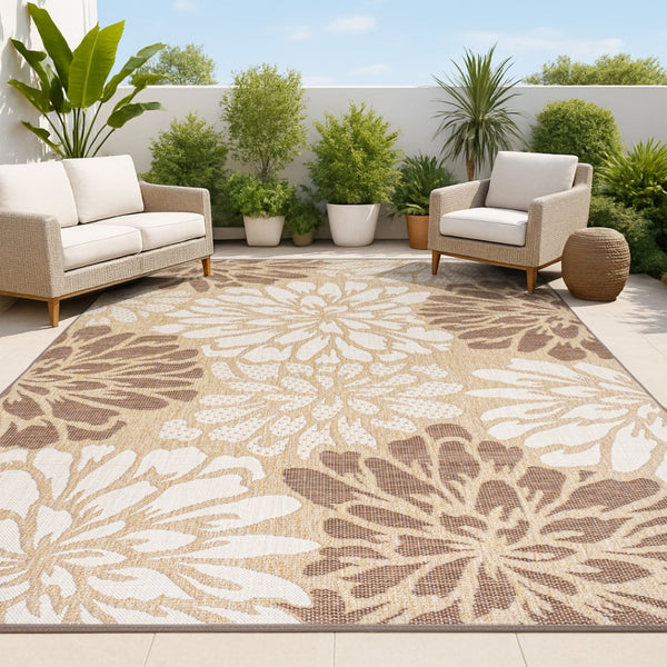 HomeRoots 5' Brown and Cream Floral Indoor/Outdoor Area Rug - Durable, Easy Care, Perfect for Any Space! 703107
