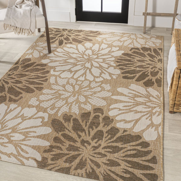 HomeRoots 5' Brown and Cream Floral Indoor/Outdoor Area Rug - Durable, Easy Care, Perfect for Any Space! 703107