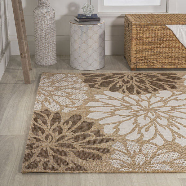 HomeRoots 5' Brown and Cream Floral Indoor/Outdoor Area Rug - Durable, Easy Care, Perfect for Any Space! 703107