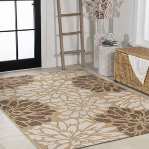 HomeRoots 5' Brown and Cream Floral Indoor/Outdoor Area Rug - Durable, Easy Care, Perfect for Any Space! 703107
