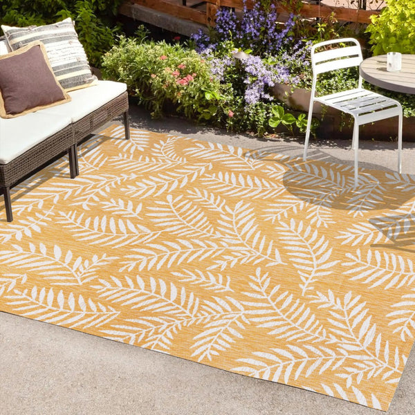 HomeRoots 9' Indoor Outdoor Floral Area Rug in Yellow & Cream - Durable, Fade-Resistant, Easy-Clean Design! 703114
