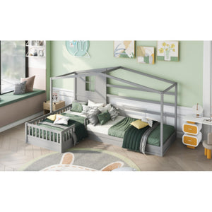 English Elm Wood House Bed L Shaped Twin Frame Solid Pine Kids Bedroom with Fence Rail Slats LP001345AAE