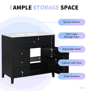 English Elm 36-Inch Black Bathroom Vanity With Sink – Modern Design, 3 Drawers, Adjustable Shelf For Storage N725P350821B