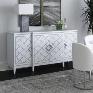 Basset Mirror Farrow Server: Elegant Four-door Storage With Adjustable Shelves, Soft-close Hinges & Chic Accents White Rubberwood,Oak Veneer 7032-dr-576