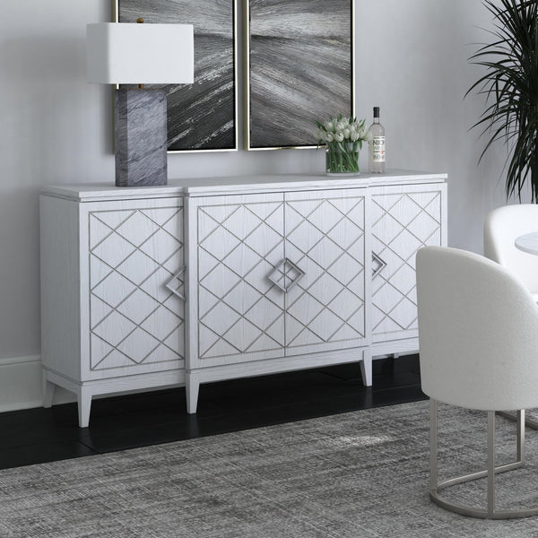 Basset Mirror Farrow Server: Elegant Four-door Storage With Adjustable Shelves, Soft-close Hinges & Chic Accents White Rubberwood,Oak Veneer 7032-dr-576