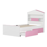 English Elm Twin Size House-Shaped Wooden Bed With Storage Shelf On The Headboard, Built-In Two Storage Drawers, Pink