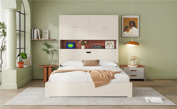 English Elm Full Size Wooden Platform Bed With Usb Charging, Storage Headboard & Elegant Drawers In Cream N820S00045K