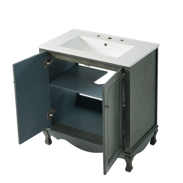 English Elm Christopher Knight Home® - 60" Retro Double Sink Bathroom Vanity Set with Soft-Close Doors, Adjustable Shelves, Rubberwood Legs Antique blue green,Teal N817P245317B