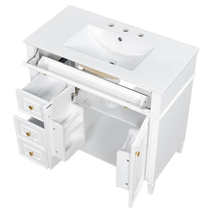 English Elm 36 Inch Freestanding Bathroom Vanity Sage Pine Cabinet Gold Hardware Ceramic Sink White N725P366468K