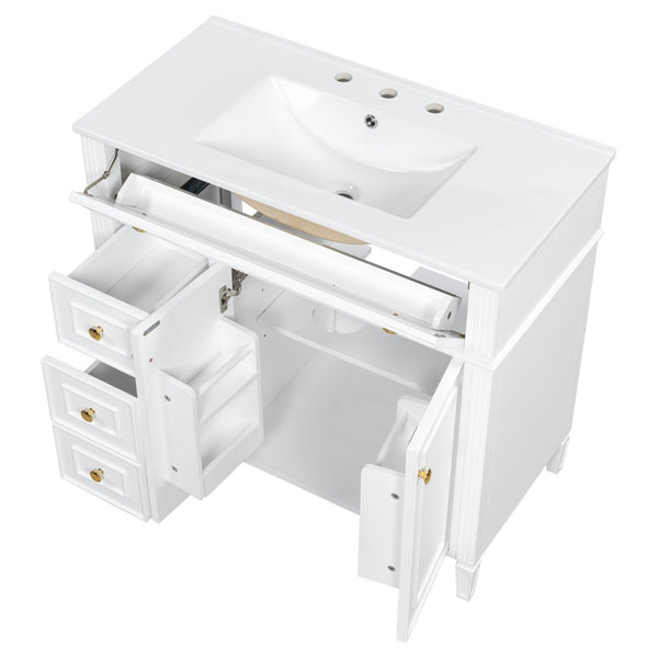 English Elm 36 Inch Freestanding Bathroom Vanity Sage Pine Cabinet Gold Hardware Ceramic Sink White N725P366468K
