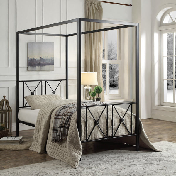 English Elm Black Queen Platform Canopy Bed with Double X Metal Frame and Medallion Accents for Modern-Traditional Bedrooms Black 80.5 L x 20.5 W x 4.5 H B011P207847