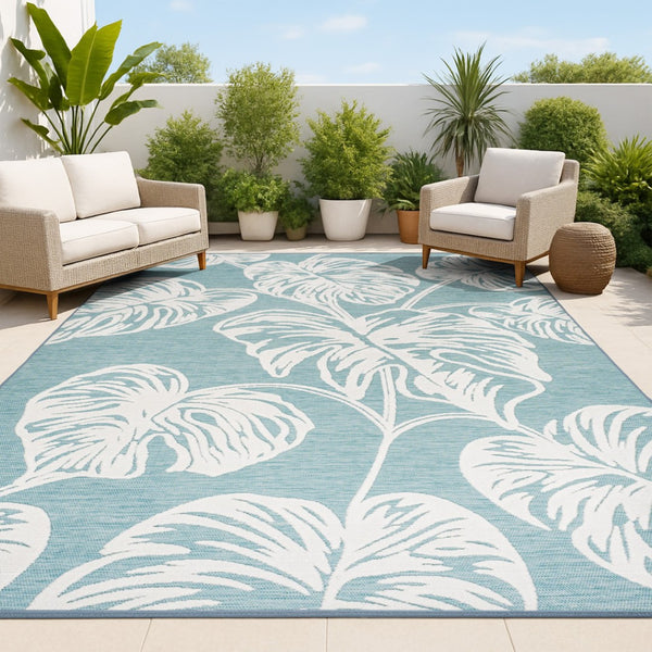 HomeRoots 5' Blue and Ivory Floral Area Rug - Elegant Indoor/Outdoor Design with High-Low Pile Texture 703345