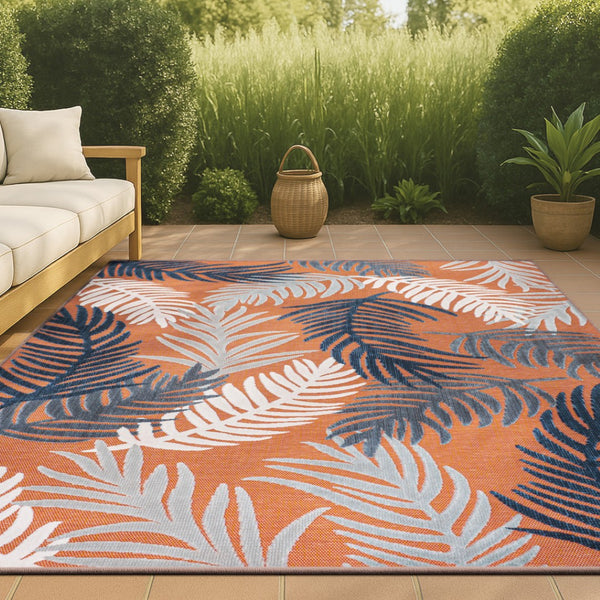 HomeRoots 8' Indoor/Outdoor Orange Navy Blue Ivory Floral Area Rug - Durable, Stylish, Easy to Maintain for Any Space 703356