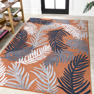 HomeRoots 8' Indoor/Outdoor Orange Navy Blue Ivory Floral Area Rug - Durable, Stylish, Easy to Maintain for Any Space 703356