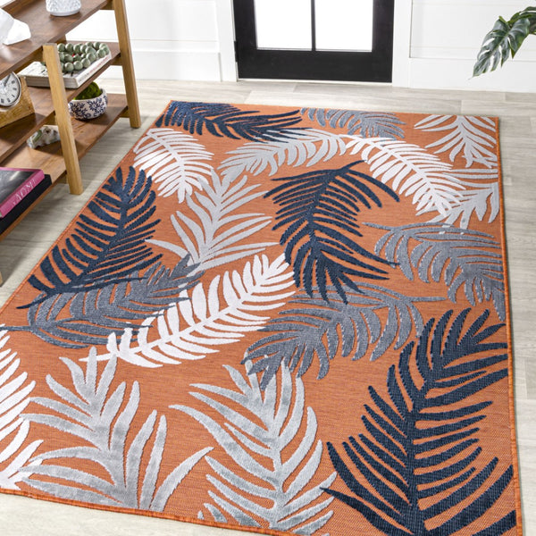 HomeRoots 8' Indoor/Outdoor Orange Navy Blue Ivory Floral Area Rug - Durable, Stylish, Easy to Maintain for Any Space 703356