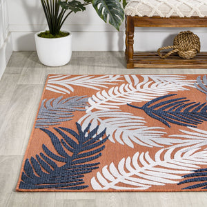 HomeRoots 8' Indoor/Outdoor Orange Navy Blue Ivory Floral Area Rug - Durable, Stylish, Easy to Maintain for Any Space 703356