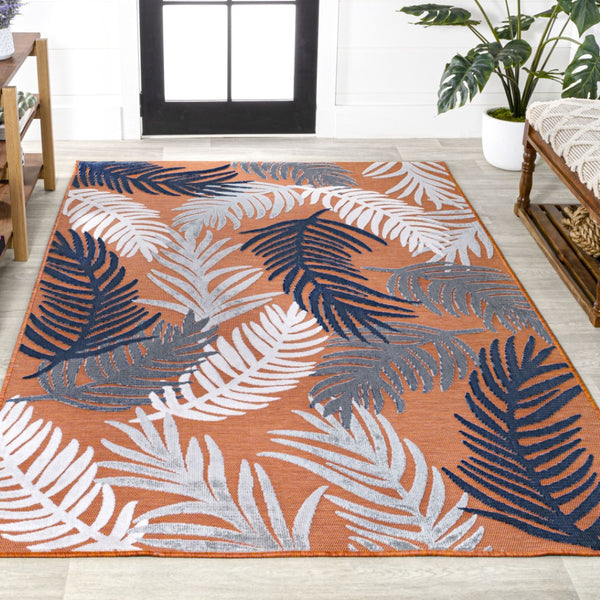 HomeRoots 8' Indoor/Outdoor Orange Navy Blue Ivory Floral Area Rug - Durable, Stylish, Easy to Maintain for Any Space 703356