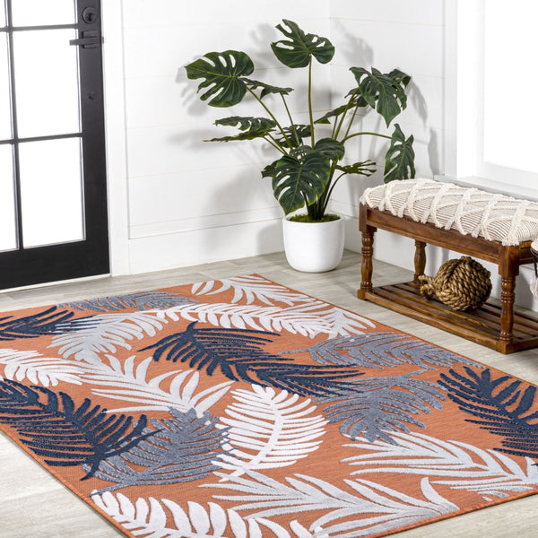 HomeRoots 8' Indoor/Outdoor Orange Navy Blue Ivory Floral Area Rug - Durable, Stylish, Easy to Maintain for Any Space 703356