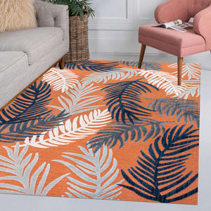 HomeRoots 8' Indoor/Outdoor Orange Navy Blue Ivory Floral Area Rug - Durable, Stylish, Easy to Maintain for Any Space 703356
