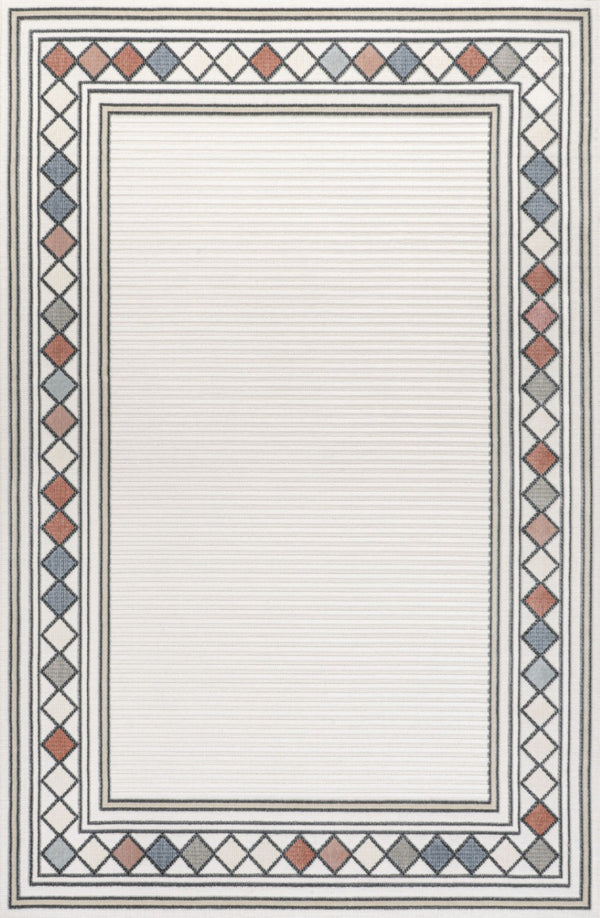 HomeRoots 5' Ivory and Beige Geometric Indoor Outdoor Area Rug - Versatile, Durable, and Stylish for Any Space 703370