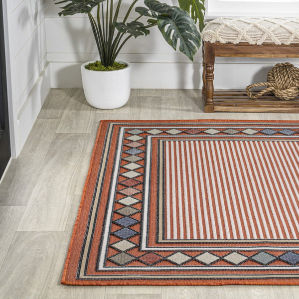 HomeRoots 5' X 8' Orange and Ivory Geometric Rug - Stylish Indoor/Outdoor Design for Modern Spaces, Easy Care 703375