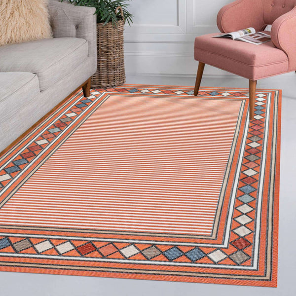 HomeRoots 5' X 8' Orange and Ivory Geometric Rug - Stylish Indoor/Outdoor Design for Modern Spaces, Easy Care 703375