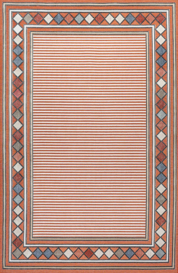 HomeRoots 8' X 10' Orange and Ivory Geometric Rug – Versatile Indoor/Outdoor Design for Modern Living Spaces 703376