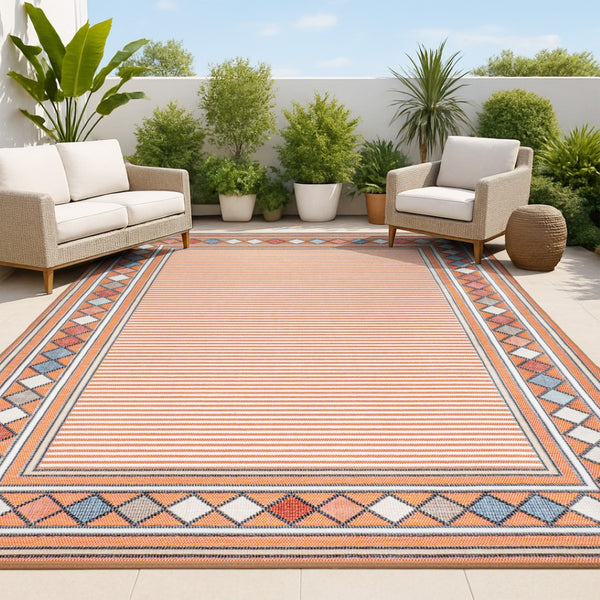 HomeRoots 8' X 10' Orange and Ivory Geometric Rug – Versatile Indoor/Outdoor Design for Modern Living Spaces 703376