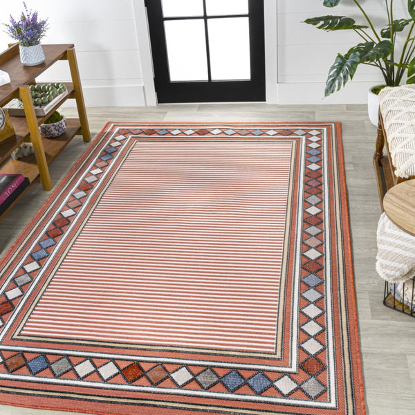 HomeRoots 8' X 10' Orange and Ivory Geometric Rug – Versatile Indoor/Outdoor Design for Modern Living Spaces 703376