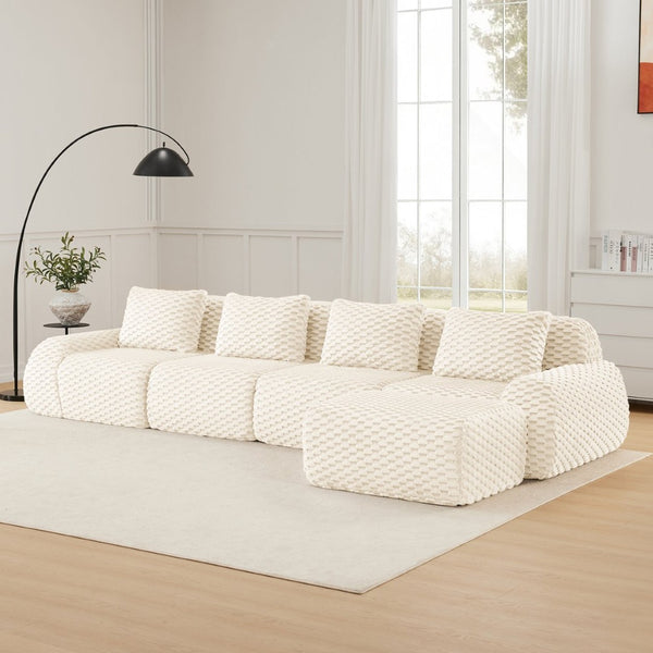 English Elm 146" Modular L-shaped Sectional Flannelette Sofa with Ottoman Tool-free Living Room Setup Cream W714S01522