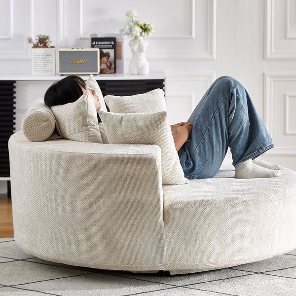 English Elm 55''L Chenille Foam Single Swivel Chair with Plush Backrest Pillow, 360° Smooth Recline for Living Room Lounge Comfort Beige W834S00353