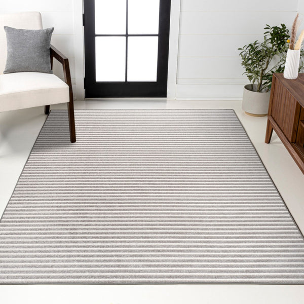 HomeRoots 8' Gray and Ivory Striped Area Rug - Indoor Outdoor, Durable, Low-Maintenance, Versatile Design, 8x10 ft 703414