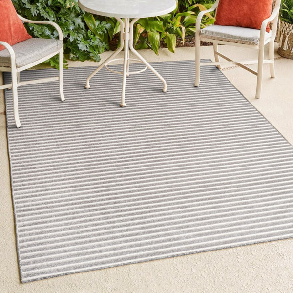 HomeRoots 8' Gray and Ivory Striped Area Rug - Indoor Outdoor, Durable, Low-Maintenance, Versatile Design, 8x10 ft 703414