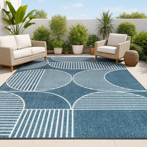 HomeRoots 8' X 10' Navy Blue and Cream Striped Indoor-Outdoor Area Rug for Timeless Style and Durability 703422