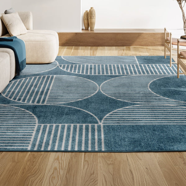 HomeRoots 8' X 10' Navy Blue and Cream Striped Indoor-Outdoor Area Rug for Timeless Style and Durability 703422