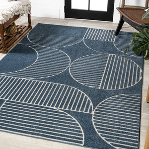 HomeRoots 8' X 10' Navy Blue and Cream Striped Indoor-Outdoor Area Rug for Timeless Style and Durability 703422