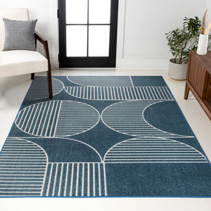 HomeRoots 8' X 10' Navy Blue and Cream Striped Indoor-Outdoor Area Rug for Timeless Style and Durability 703422