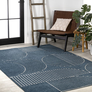 HomeRoots 8' X 10' Navy Blue and Cream Striped Indoor-Outdoor Area Rug for Timeless Style and Durability 703422
