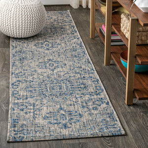 HomeRoots 20' Navy Blue and Gray Medallion Runner Rug – Durable Indoor/Outdoor Accent for High-Traffic Spaces 703426