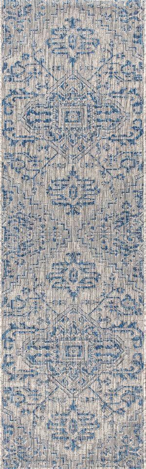 HomeRoots 20' Navy Blue and Gray Medallion Runner Rug – Durable Indoor/Outdoor Accent for High-Traffic Spaces 703426