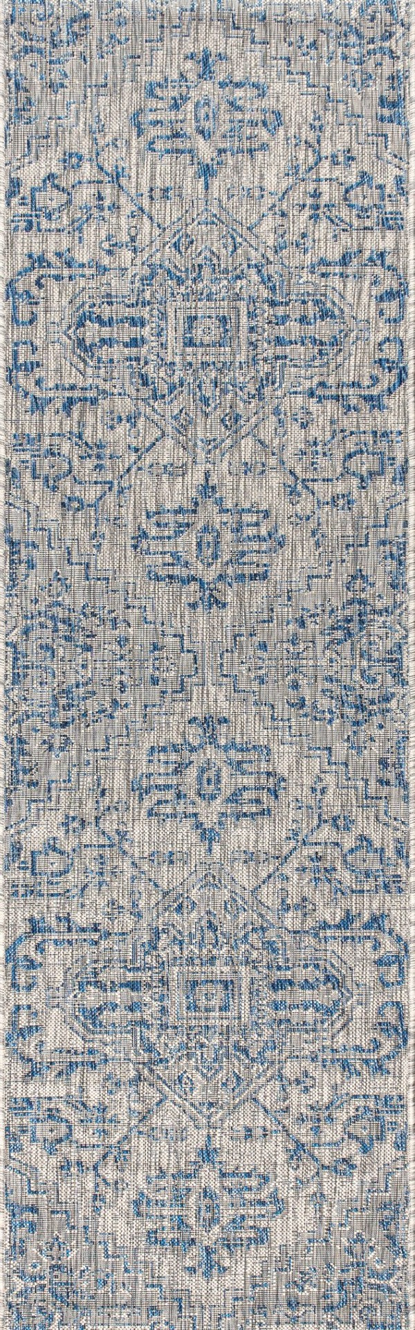 HomeRoots 20' Navy Blue and Gray Medallion Runner Rug – Durable Indoor/Outdoor Accent for High-Traffic Spaces 703426