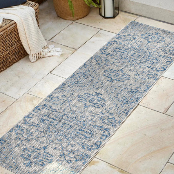 HomeRoots 20' Navy Blue and Gray Medallion Runner Rug – Durable Indoor/Outdoor Accent for High-Traffic Spaces 703426