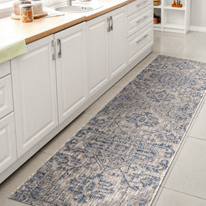 HomeRoots 20' Navy Blue and Gray Medallion Runner Rug – Durable Indoor/Outdoor Accent for High-Traffic Spaces 703426