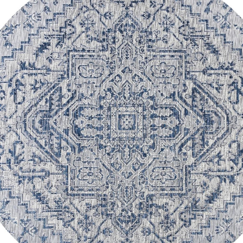 HomeRoots 6' Navy Blue & Gray Round Medallion Rug - Durable Indoor/Outdoor Area Rug for Stylish Living Spaces 703429